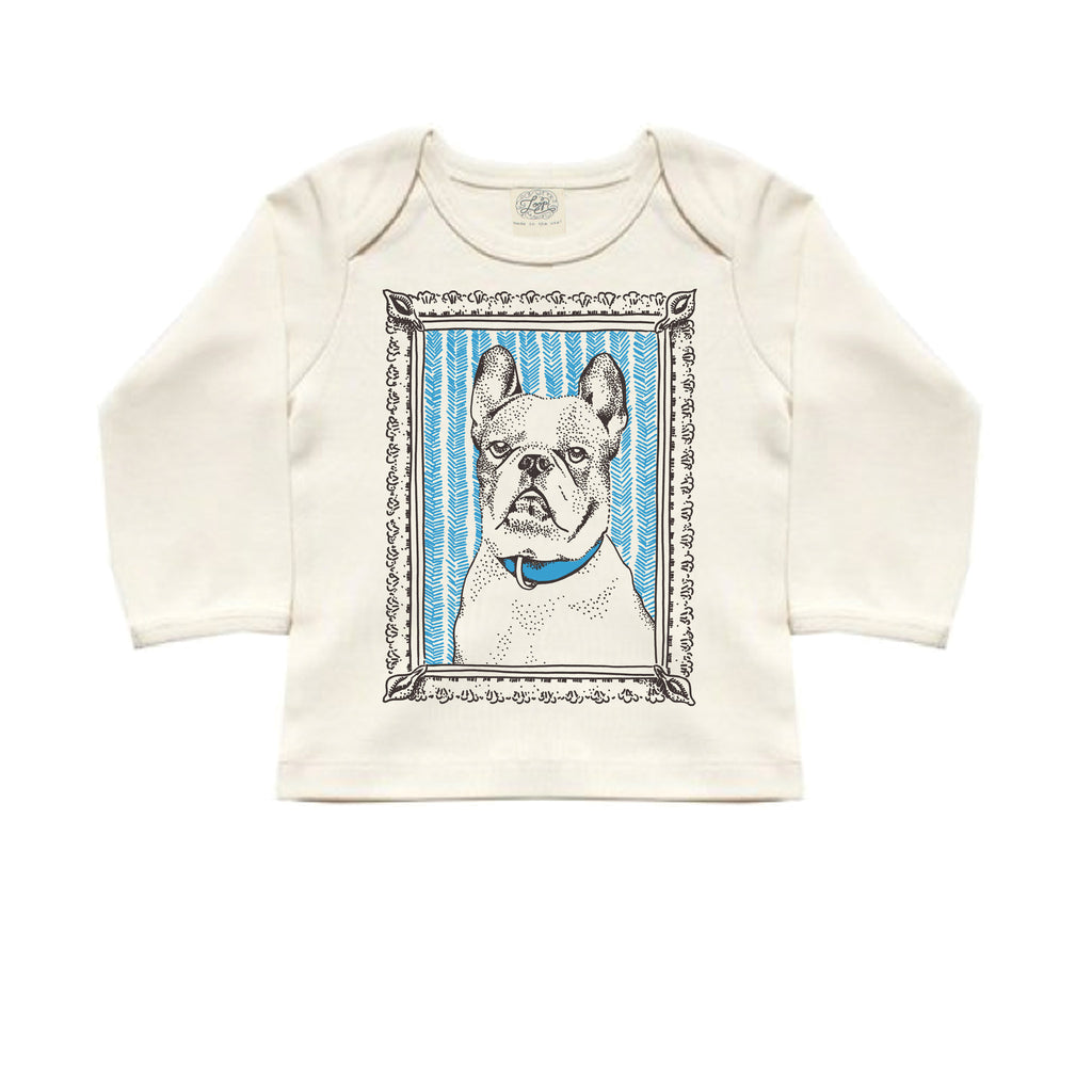 frenchie french bulldog dog blue baby boy girl infant shower gift organic cotton eco sustainable made in USA tee shirt lap tee long sleeve unisex gender neutral hand drawn illustration