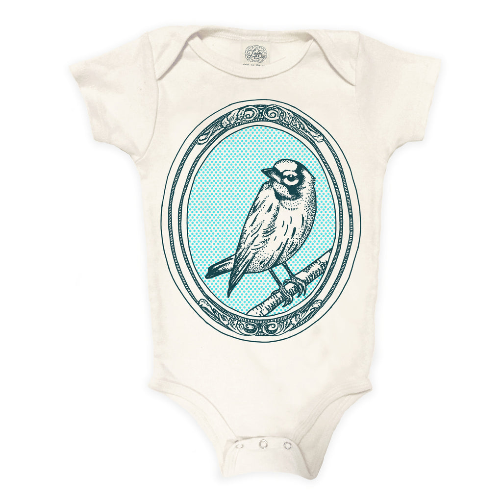 onesie bird canary nature spring zoo baby boy girl infant shower gift organic cotton eco sustainable made in USA bodysuit unisex gender neutral hand drawn illustration
