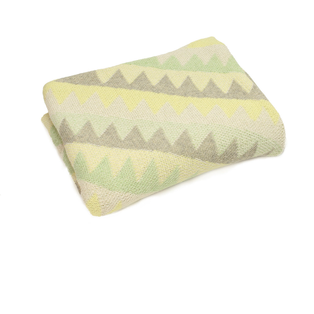 navaho aztec diamond geometric yellow mint green southwest desert arizona texas baby boy girl infant shower gift recycled cotton eco sustainable made in USA layette blanket crib stroller carriage nursery decor unisex gender neutral hand knit cozy soft