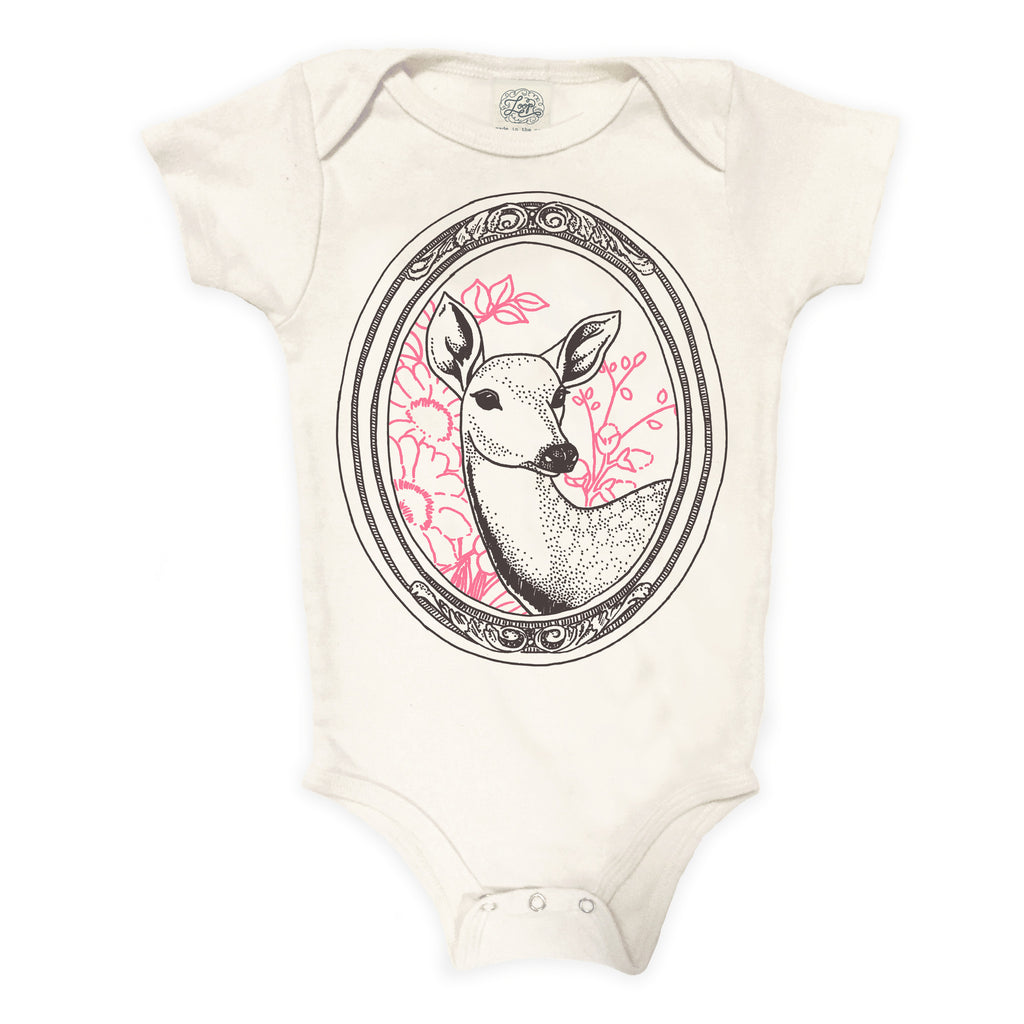 deer fawn nature spring forest woodland floral flower hiking camping baby boy girl infant shower gift organic cotton eco sustainable made in USA onesie bodysuit unisex gender neutral hand drawn illustration pink