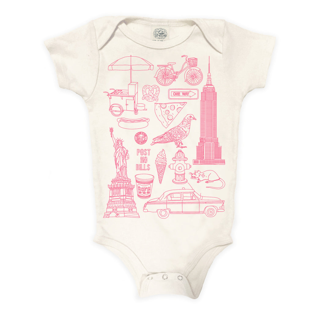 NYC New York City Statue of Liberty Pigeon Taxi Ice Cream Hot Dog pizza pink baby boy girl infant shower gift organic cotton eco sustainable made in USA onesie bodysuit unisex gender neutral hand drawn illustration
