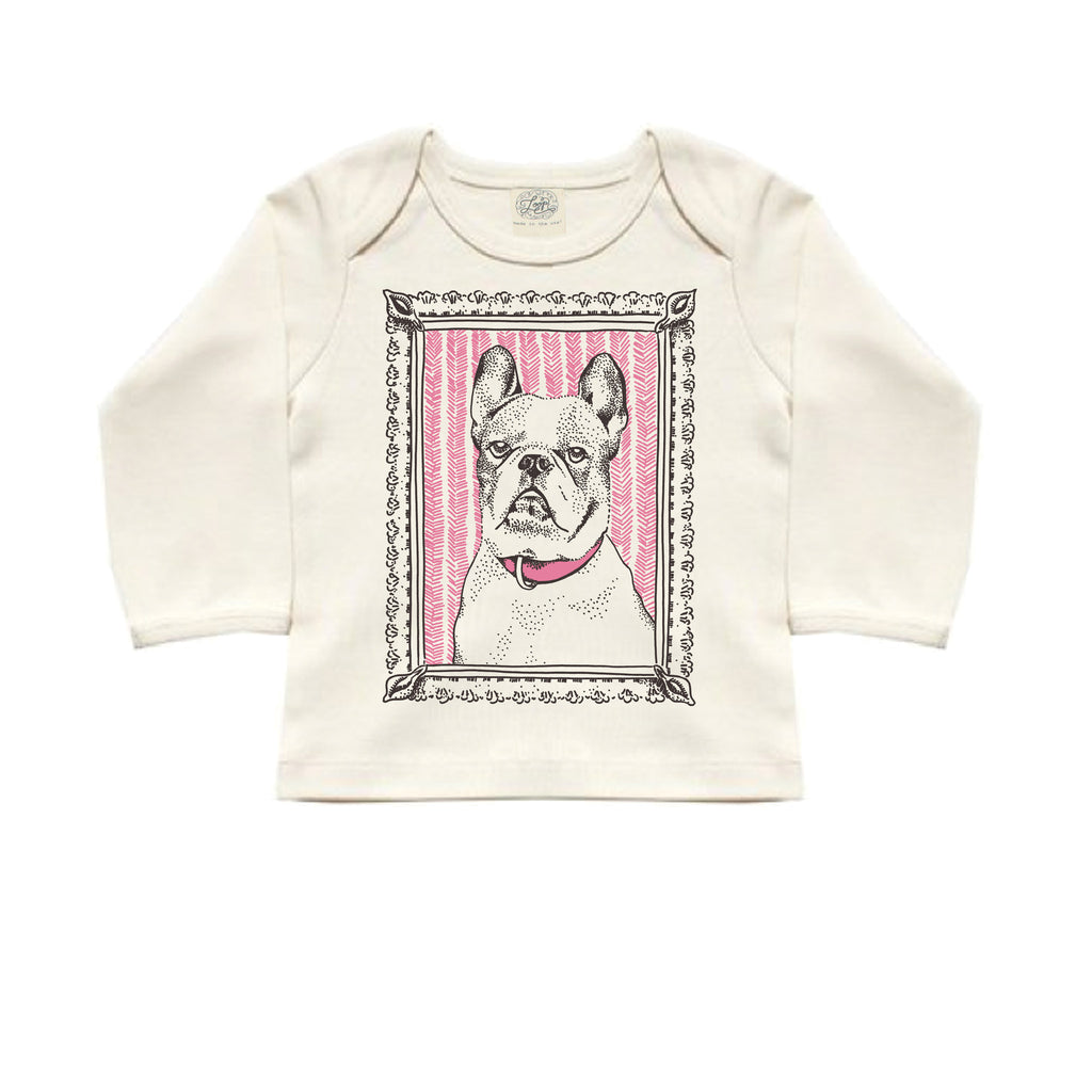 frenchie french bulldog dog pink baby boy girl infant shower gift organic cotton eco sustainable made in USA long sleeve tee lap tee shirt unisex gender neutral hand drawn illustration
