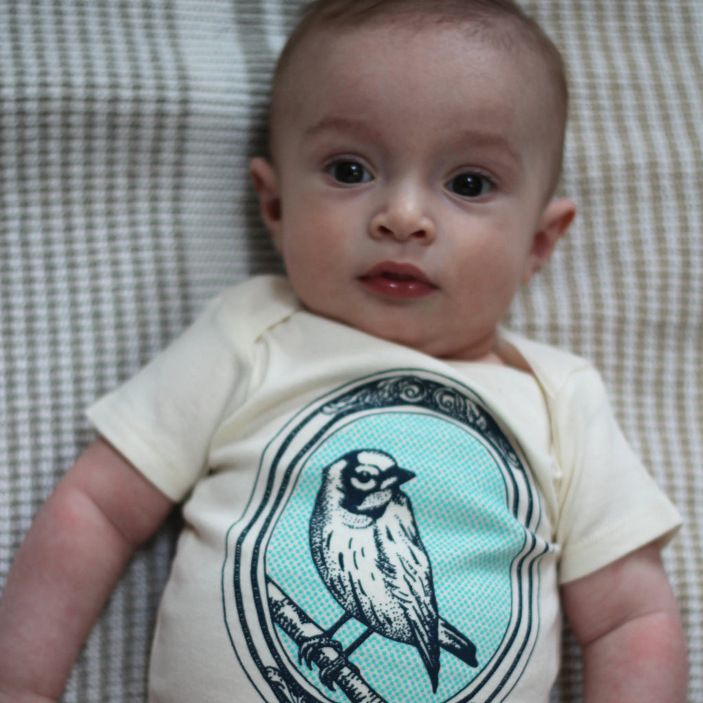 bird canary nature spring zoo baby boy girl infant shower gift organic cotton eco sustainable made in USA onesie bodysuit unisex gender neutral hand drawn illustration