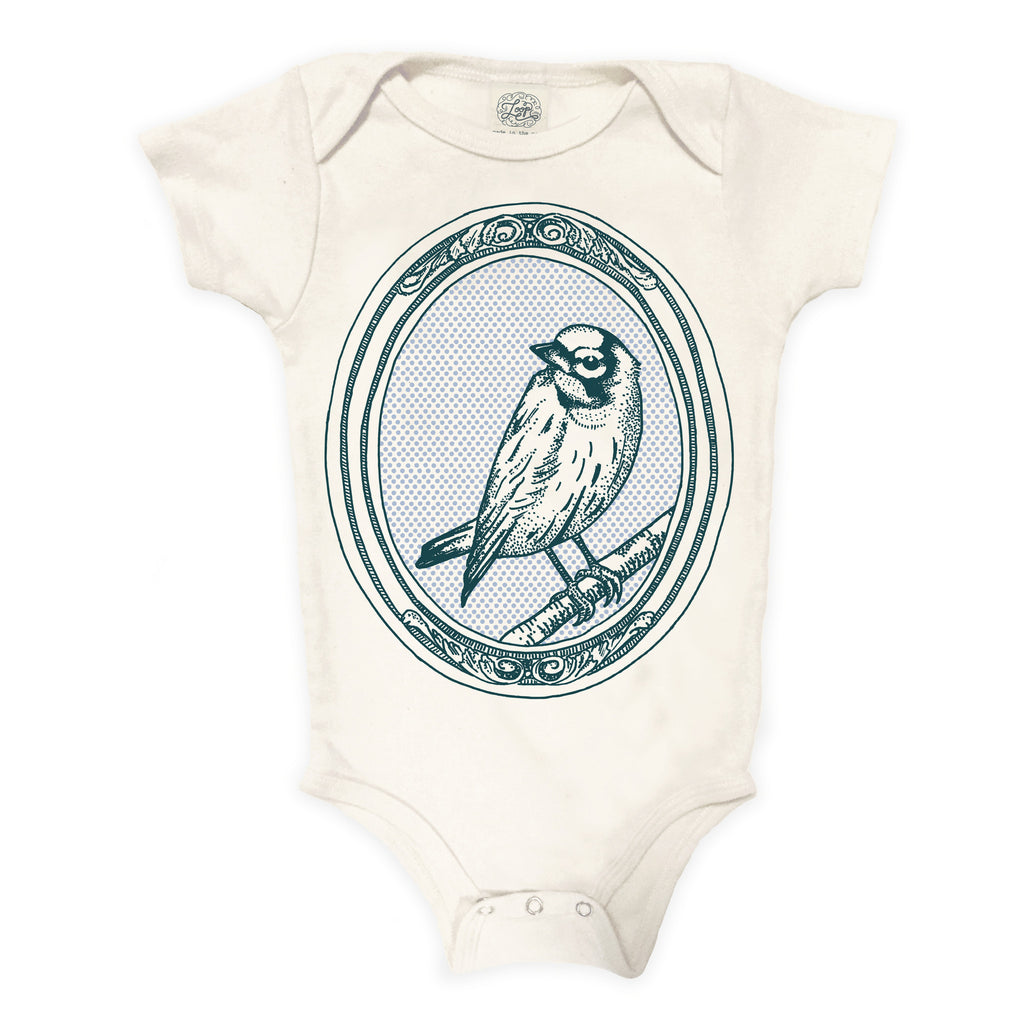 bird canary nature spring zoo baby boy girl infant shower gift organic cotton eco sustainable made in USA onesie bodysuit unisex gender neutral hand drawn illustration blue