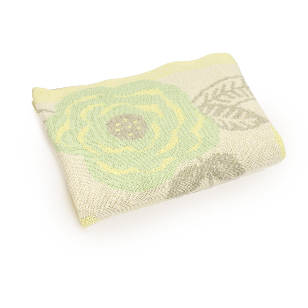 floral flowers mint green yellow baby girl infant shower gift recycled cotton eco sustainable made in USA layette blanket crib stroller carriage nursery decor unisex gender neutral hand knit cozy soft