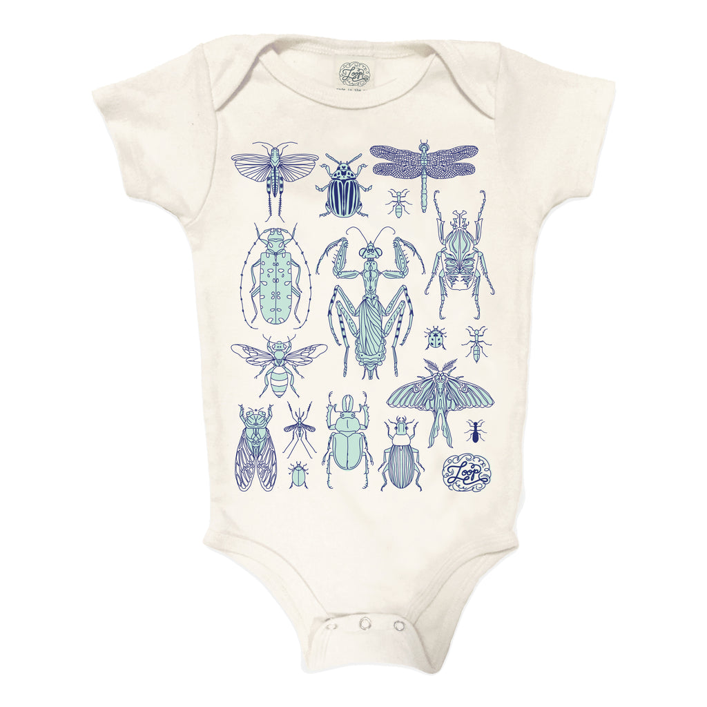 Museum of Natural History NYC science bugs beetles insects bees moths dragon flies ants mint blue nature spring zoo baby boy girl infant shower gift organic cotton eco sustainable made in USA onesie bodysuit unisex gender neutral hand drawn illustration