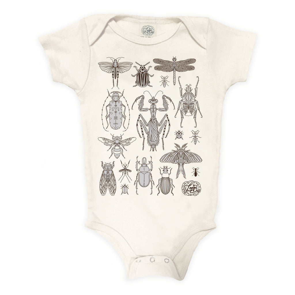 Museum of Natural History NYC science bugs beetles insects bees moths dragon flies ants gray brown nature spring zoo baby boy girl infant shower gift organic cotton eco sustainable made in USA onesie bodysuit unisex gender neutral hand drawn illustration