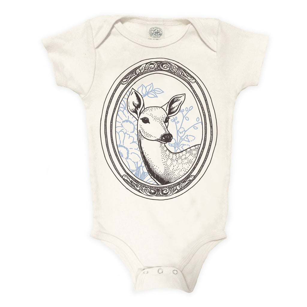 deer fawn nature spring forest woodland floral flower hiking camping baby boy girl infant shower gift organic cotton eco sustainable made in USA onesie bodysuit unisex gender neutral hand drawn illustration