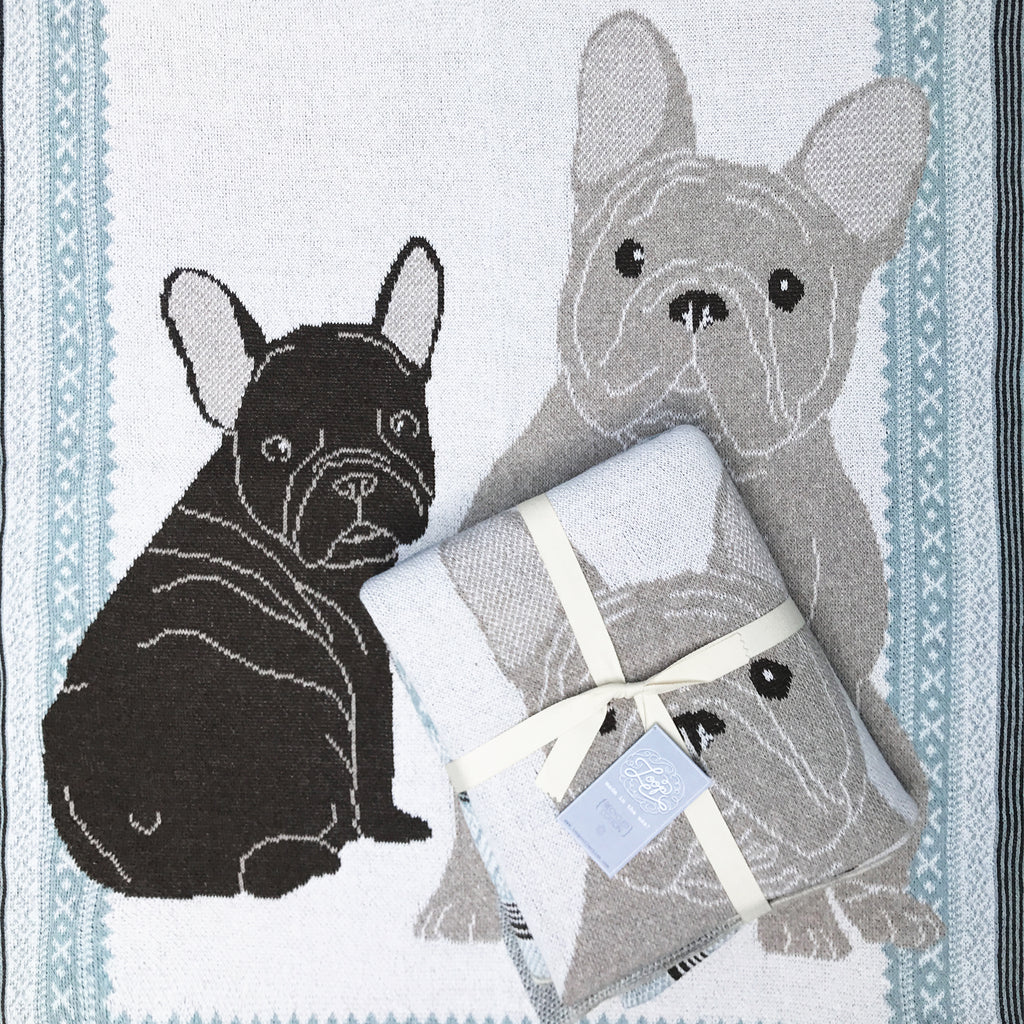 frenchies french bulldog dog fawn brindle puppy blue baby boy girl infant shower gift recycled cotton eco sustainable made in USA layette blanket crib stroller carriage nursery decor unisex gender neutral hand knit cozy soft