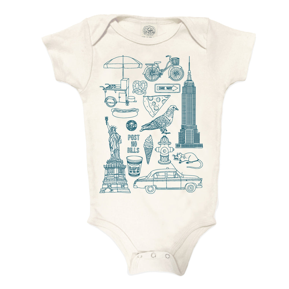NYC New York City Statue of Liberty Pigeon Taxi Ice Cream Hot Dog  pizza navy blue baby boy girl infant shower gift organic cotton eco sustainable made in USA onesie bodysuit unisex gender neutral hand drawn illustration