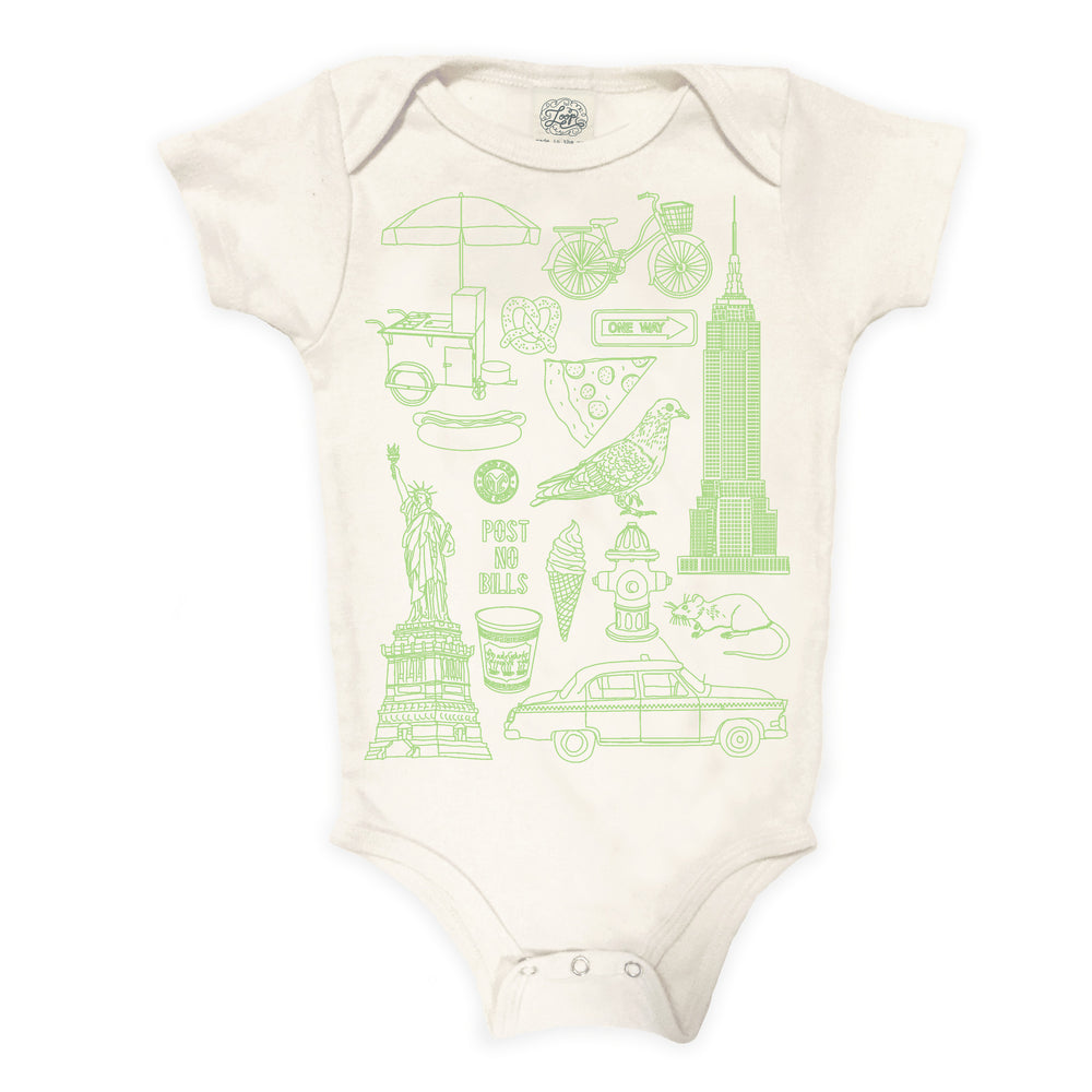 NYC New York City Statue of Liberty Pigeon Taxi Ice Cream Hot Dog  pizza mint green baby boy girl infant shower gift organic cotton eco sustainable made in USA onesie bodysuit unisex gender neutral hand drawn illustration