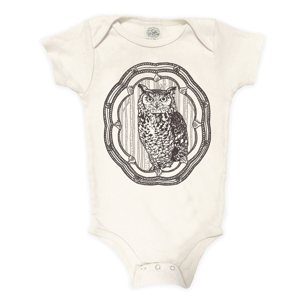 owl hoot nature spring forest woodland hiking camping gray brown baby boy girl infant shower gift organic cotton eco sustainable made in USA onesie bodysuit unisex gender neutral hand drawn illustration