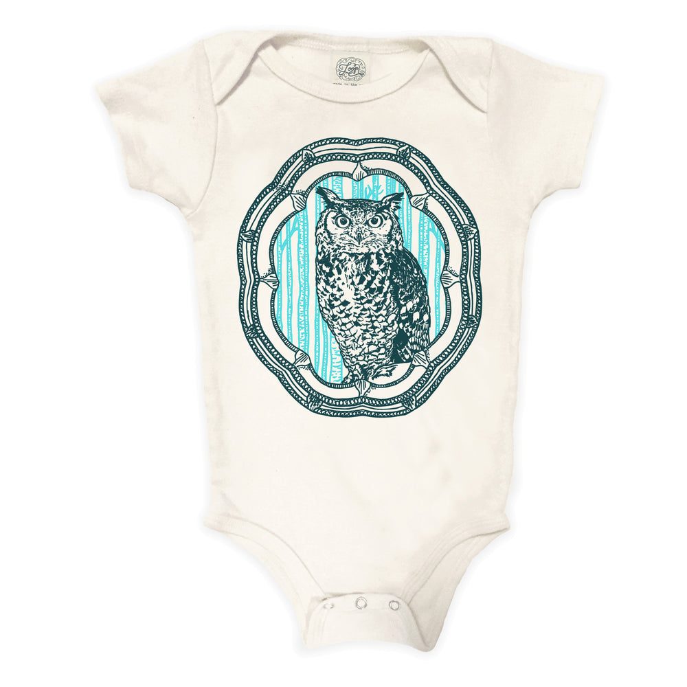 owl hoot nature spring forest woodland hiking camping aqua blue baby boy girl infant shower gift organic cotton eco sustainable made in USA onesie bodysuit unisex gender neutral hand drawn illustration