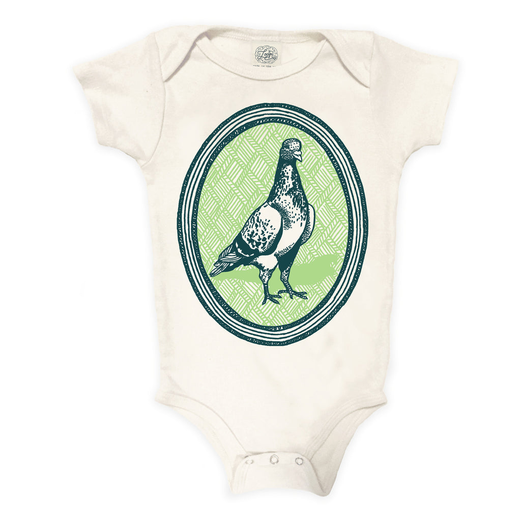 NYC New York City Pigeon mint green baby boy girl infant shower gift organic cotton eco sustainable made in USA onesie bodysuit unisex gender neutral hand drawn illustration