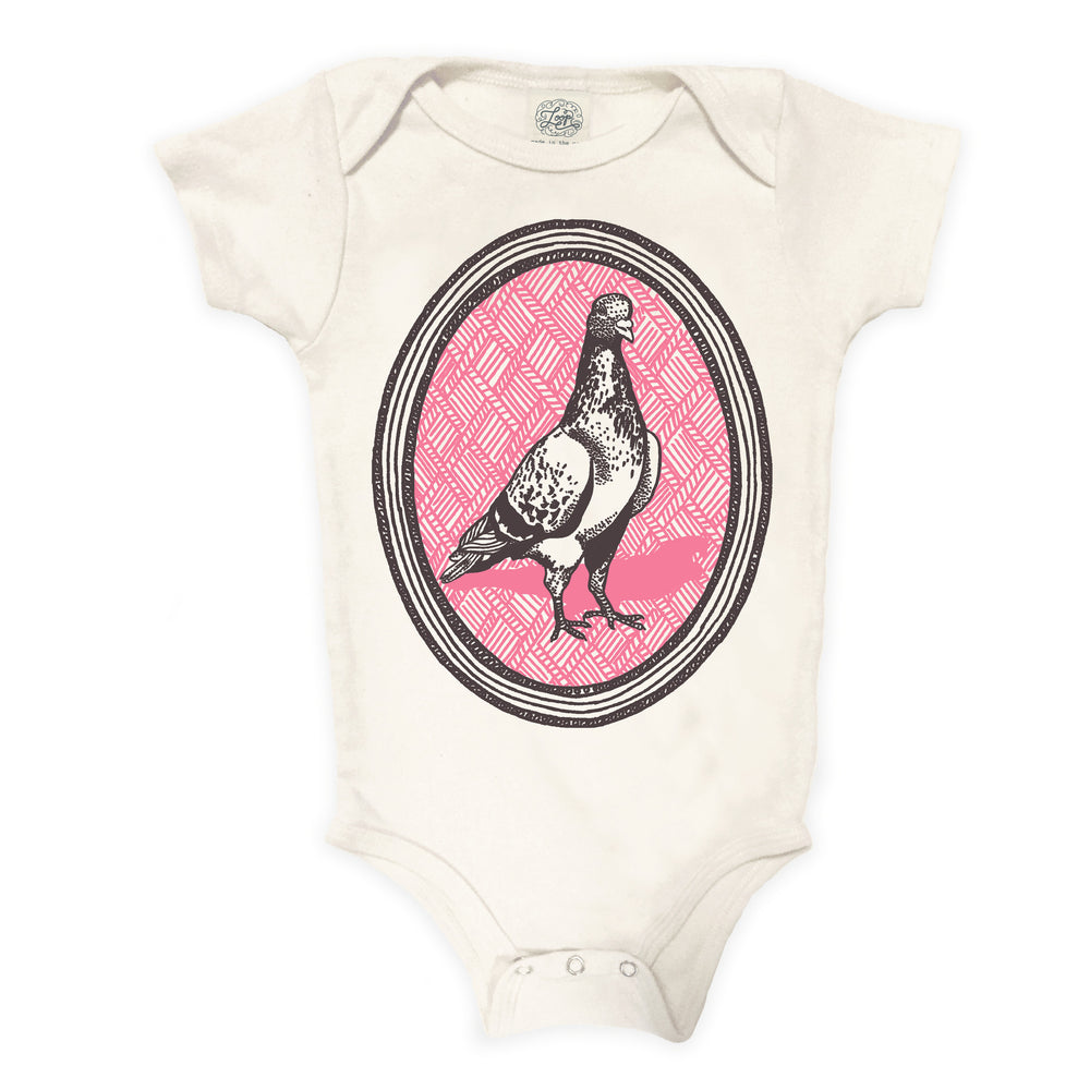 NYC New York City Pigeon pink baby boy girl infant shower gift organic cotton eco sustainable made in USA onesie bodysuit unisex gender neutral hand drawn illustration