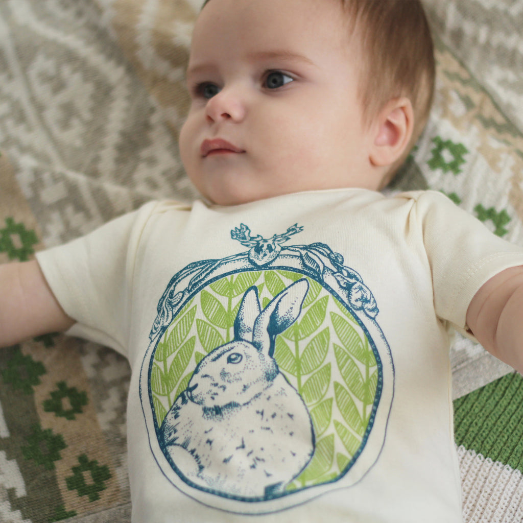 bunny rabbit easter nature spring forest woodland hiking camping gray brown baby boy girl infant shower gift organic cotton eco sustainable made in USA onesie bodysuit unisex gender neutral hand drawn illustration