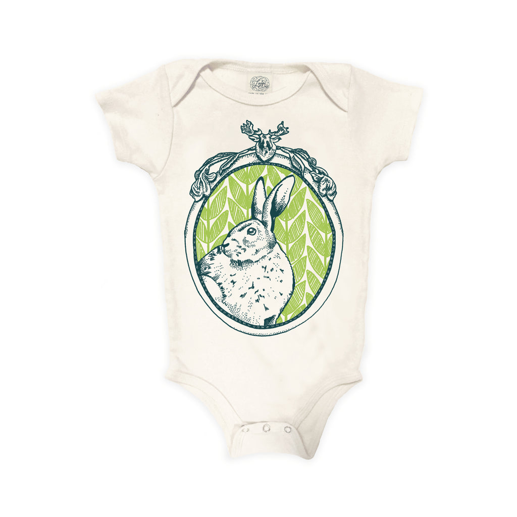 bunny rabbit easter nature spring forest woodland hiking camping gray brown baby boy girl infant shower gift organic cotton eco sustainable made in USA onesie bodysuit unisex gender neutral hand drawn illustration