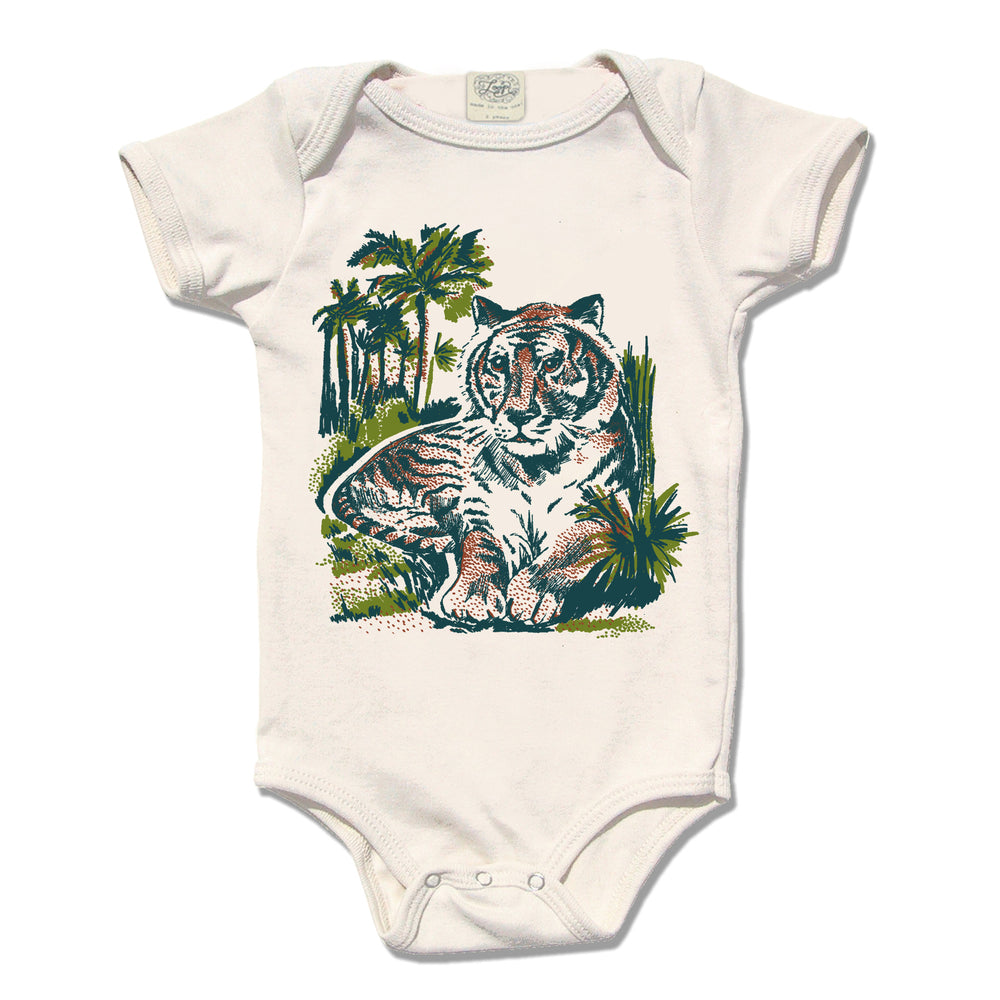 tiger zoo jungle africa baby boy girl infant shower gift organic cotton eco sustainable made in USA onesie bodysuit unisex gender neutral hand drawn illustration