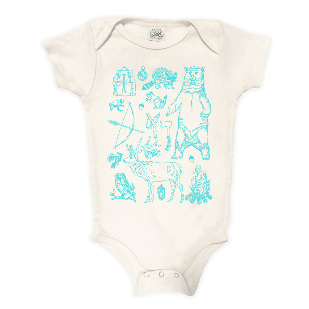 woodland forest woods camping hiking bear aqua blue baby boy girl infant shower gift organic cotton eco sustainable made in USA onesie bodysuit unisex gender neutral hand drawn illustration