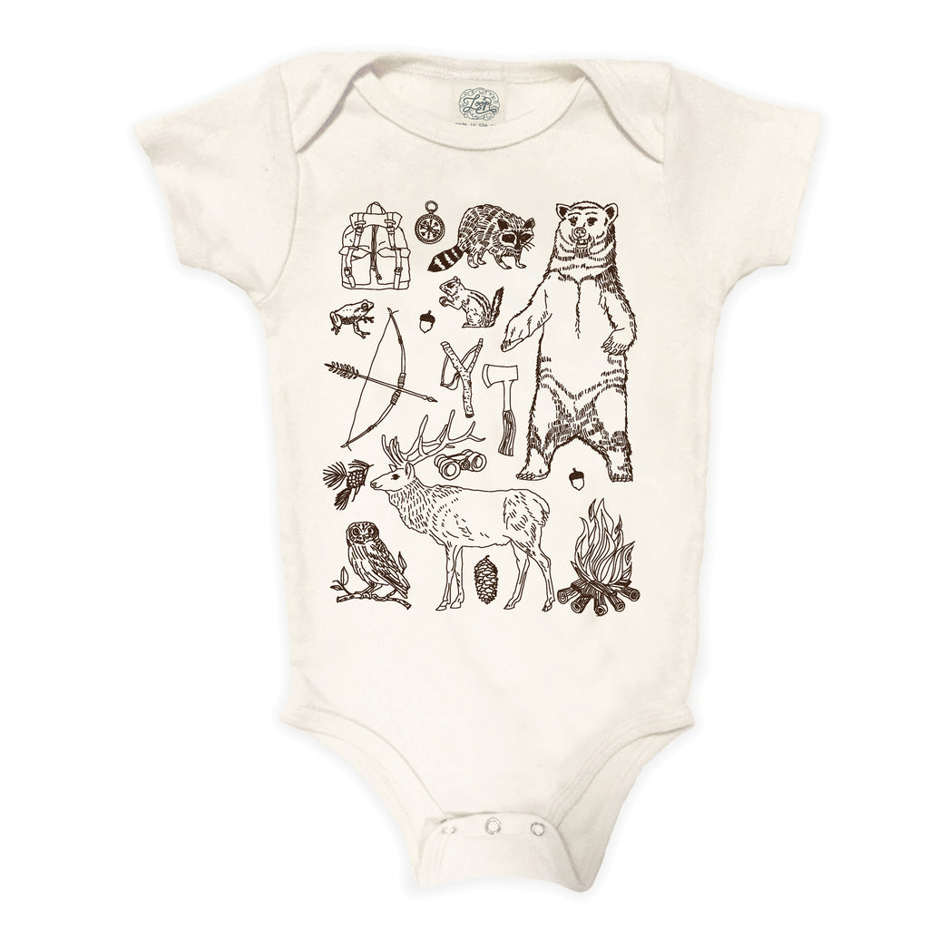 woodland forest woods camping hiking bear brown baby boy girl infant shower gift organic cotton eco sustainable made in USA onesie bodysuit unisex gender neutral hand drawn illustration