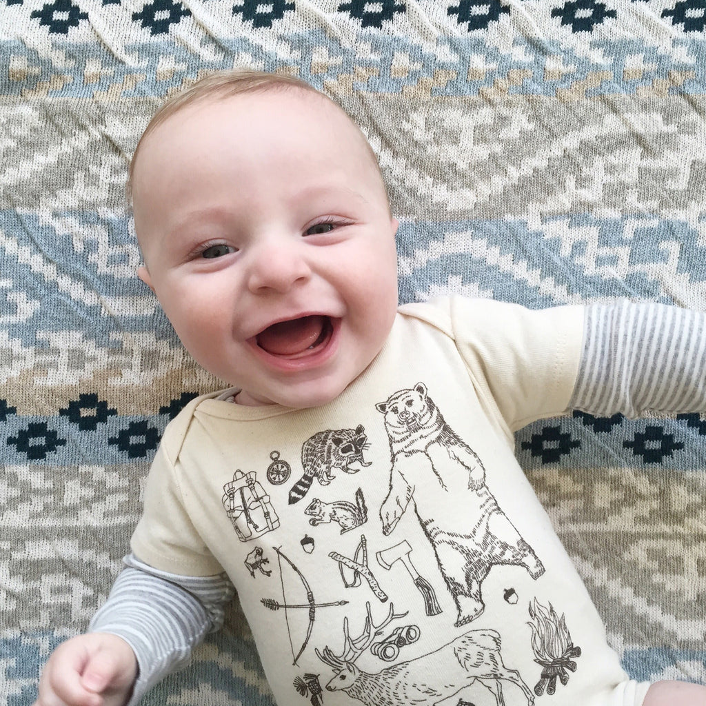 woodland forest woods camping hiking bear brown baby boy girl infant shower gift organic cotton eco sustainable made in USA onesie bodysuit unisex gender neutral hand drawn illustration
